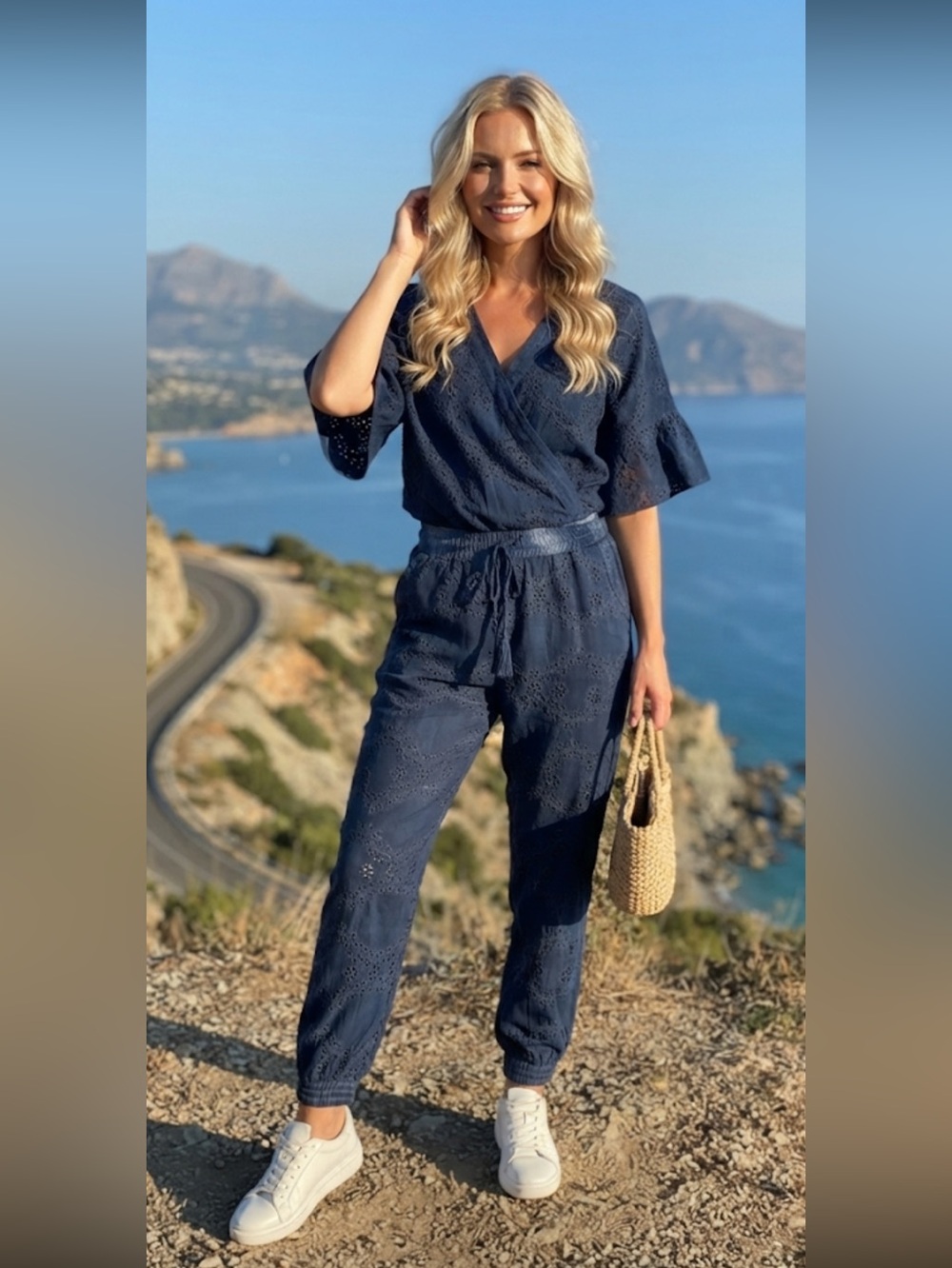New YFB Navy Eyelet Track Pants & Crop Top Set size S